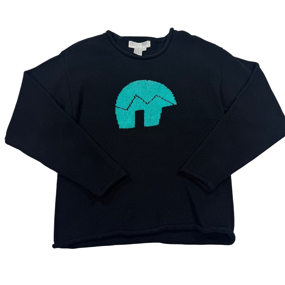 Rebecca Stone Vintage Black Teal Geometric Knit Sweater Ramie Cotton Medium